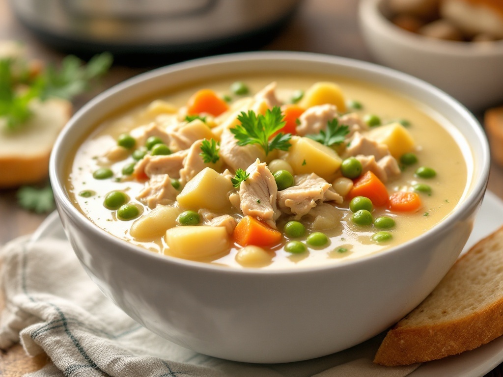 Comforting Crockpot Chicken Pot Pie Recipe A cozy bowl of chicken pot pie soup with chicken, peas, carrots, and potatoes, garnished with parsley, on a kitchen table with bread.